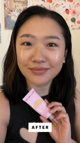 Han after applying the Tower 28 SunnyDays SPF 30 Tinted Sunscreen Foundation